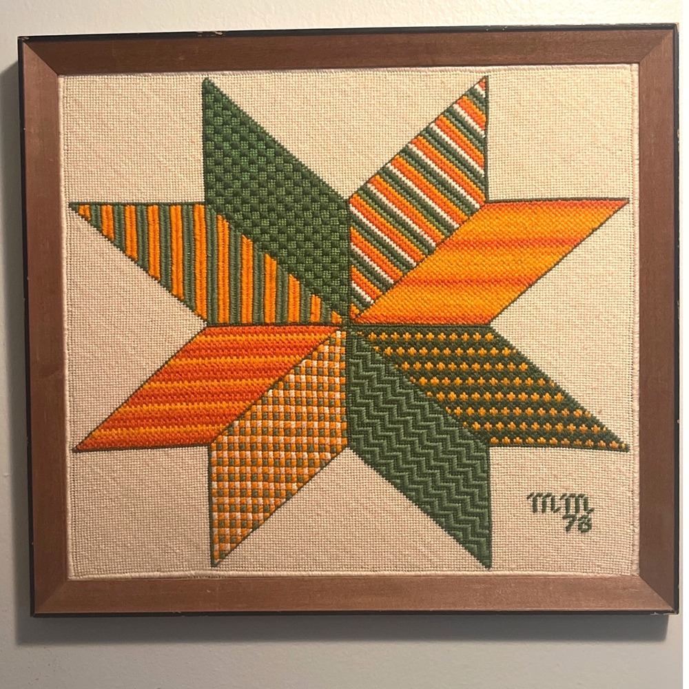 Vintage Hand stitched Needlepoint Framed Evening Star Wall Art Signed 70s